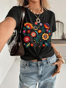 Colorful Flowers Arranged Like A Radiant Garden With Red, Yellow, And Blue Petals Representing Joy, Vitality, And A Connection With Nature, Full Of Positive Energy. Women's Casual, Comfortable, And Modern T-Shirt - 黑色 - 查看 8