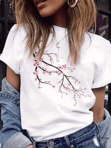 Branches With Pink Flowers Symbolizing The Delicacy Of Nature And The Renewal Of The Spirit In Each Season. Comfortable Casual Women's T-Shirt For Everyday Wear. - 白色 - 查看 1