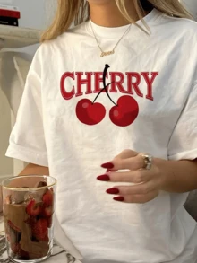 Two Red Cherries Joined Together Symbolize Sweetness, Vitality, And Youthful Love With Retro Typography Inspiring Positive Energy. Modern Casual Women's T-Shirt For Everyday Wear - 白色 - 查看 6
