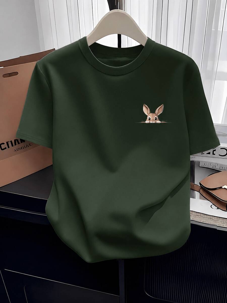 Women's High-End Summer T-Shirt, Printed, Vintage, Elegant, Exquisite, Fashionable, Pure Cotton, Short Sleeve, With Cartoon Rabbit Print, Simple And Cute, Creative, Soft And Comfortable, Loose And Casual, Suitable For Urban Sports, An Excellent Choice For Holiday Gifts. - 綠色 - 查看 1