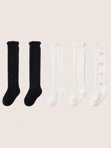 5 Pairs Toddler Girls Bowknot Hollow Design Mid-Calf Socks, Neutral Color Ruffle Design Breathable Comfortable Princess Style Long Socks, Suitable For Girls Daily Wear - Multicolor - View 6