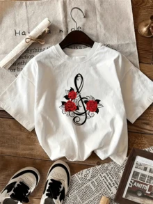 Musical Clef Adorned With Red Roses Symbolizing The Passion Of Art And The Harmony Of Life That Blossoms With Music. Women's Casual Modern Comfortable T-Shirt For Everyday Wear - 白色 - 查看 1