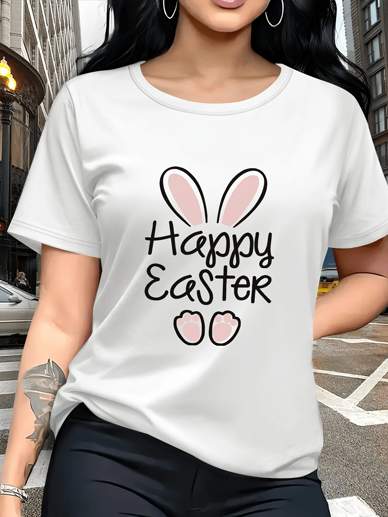 Pink Ears And Bunny Paw Prints Symbolize The Tenderness, Joy, And Hope Of Easter, Reflecting A Simple And Charming Festive Spirit. Comfortable White Casual Women's T-Shirt - 白色 - 查看 1