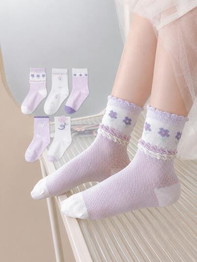 5 đôi tất cổ cao ren hoa hai lớp cho bé gái, màu tím oải hương và trắng, thoáng khí, dài đến bắp chân, thích hợp cho bé gái mặc hàng ngày.