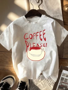 A Steaming Mug That Inspires Morning Energy And Conveys A Relaxed Mood With The Phrase "Coffee Please," Ideal For Those Who Love To Start The Day With The Aroma Of Coffee. A Comfortable And Modern Casual Women's T-Shirt. - 白色 - 查看 6