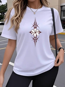 White Flower Surrounded By  Lines Symbolizing Strength, Balance, And Purity, Reflecting Inner Harmony And Natural Beauty. A Modern, Comfortable, Casual Women's T-Shirt For Everyday Wear, Elegant And Versatile. - 白色 - 查看 6