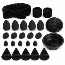 25 Pzs Kit Completo de Brochas y Esponjas de Maquillaje Incluye Set de Lavado Facial Spa con Diadema Muñequeras Limpiador de Brochas y Neceser Transparente de Gran Capacidad Uso Diario Viaje Regalo Perfecto para Mujer - Negro - Ver 1