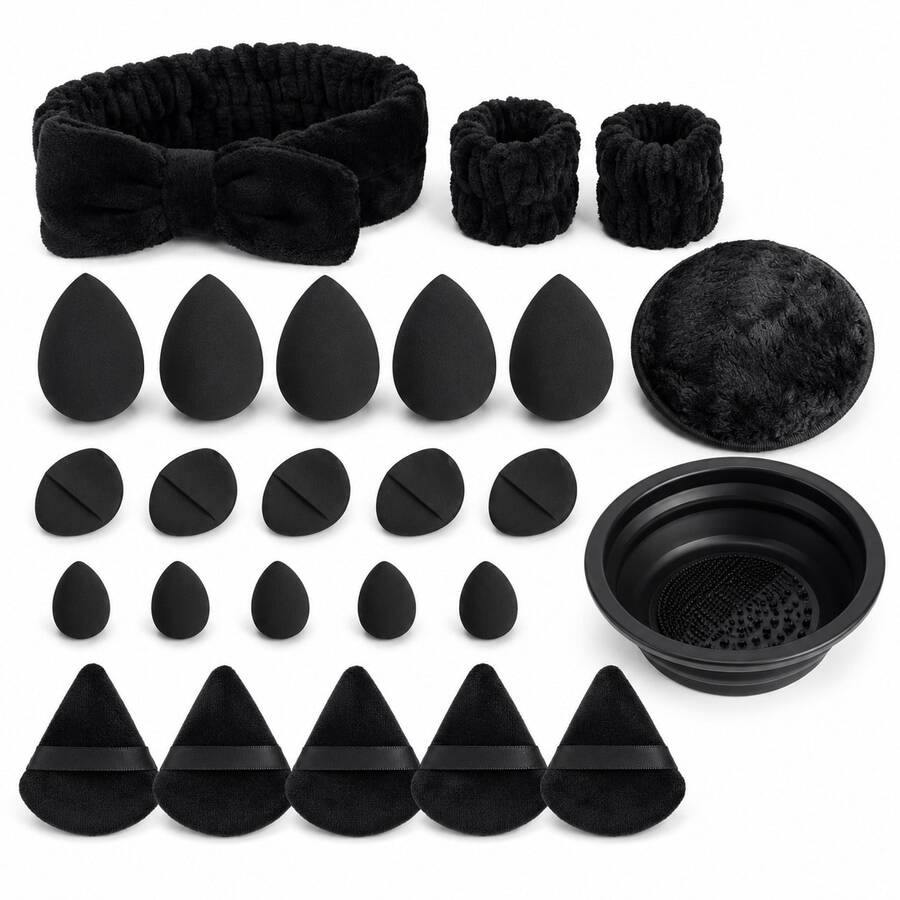 25 Pzs Kit Completo de Brochas y Esponjas de Maquillaje Incluye Set de Lavado Facial Spa con Diadema Muñequeras Limpiador de Brochas y Neceser Transparente de Gran Capacidad Uso Diario Viaje Regalo Perfecto para Mujer - Negro - Ver 1