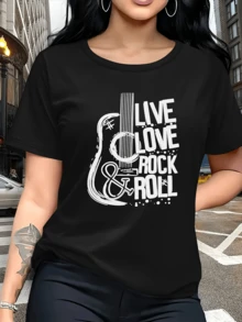 Electric Guitar With A Positive Message Evoking Freedom, Passion For Music, And The Spirit Of Rock And Roll. Modern Casual Women's T-Shirts For Everyday Wear. - 黑色 - 查看 6