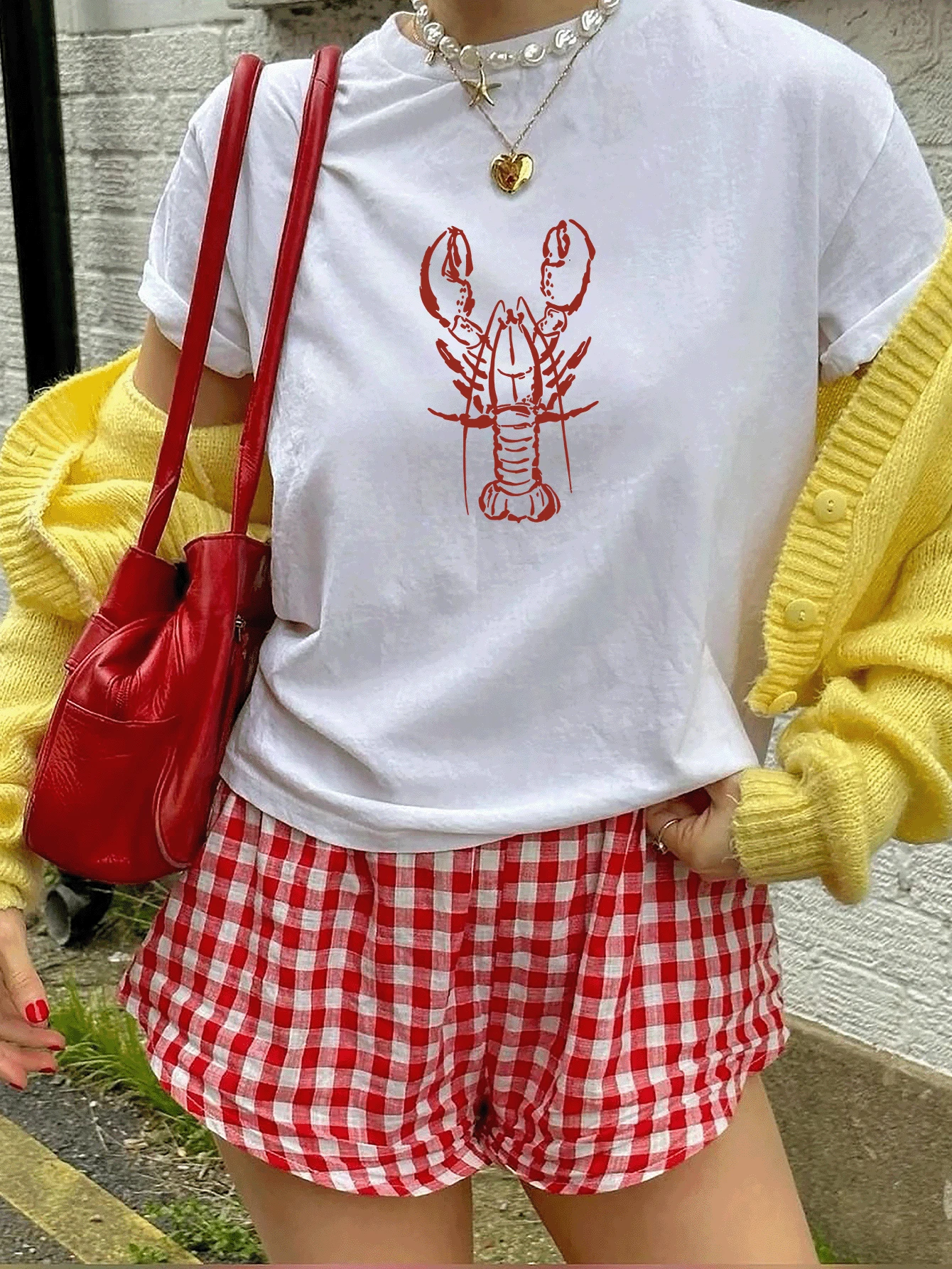 Women's Shrimp Print T-Shirt - Short Sleeve Crew Neck Blouse With Shrimp Print | Regular Fit Base Layer T-Shirt | Machine Washable Casual And Dressy Wear Suitable For All Seasons, Youthful Shrimp Blouse Style - 白色 - 查看 1