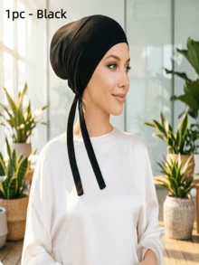 1件女款頭巾便帽，時尚彈性綁帶便帽，休閒舒適，日常穿搭與外出必備女裝配件 - 黑色 - 查看 8
