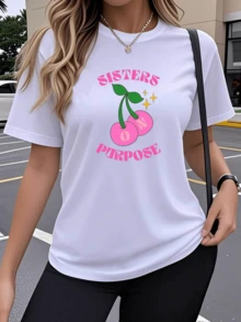 Two Pink Cherries With Green Leaves, Representing Sweetness, Friendship, And Positive Energy, Shine With A Touch Of Stars, Symbolizing Feminine Unity. A Fun, Casual, Modern, And Comfortable Women's T-Shirt For Everyday Wear. - 白色 - 查看 6