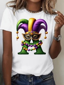 Festive Symbol With Venetian Mask And Jester's Hat In Shades Of Purple, Green, And Gold That Evokes The Joy Of Carnival And The Colorful Celebration Of Life. Modern Casual Women's T-Shirt For Joyful Occasions. - 白色 - 查看 1