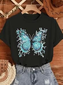 Blue Butterfly With Outstretched Wings Symbolizing Freedom, Transformation, And Positive Energy Surrounded By Shimmering Water. Comfortable Casual Women's T-Shirt For Everyday Wear. - 黑色 - 查看 6