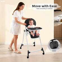 Sejoy Baby High Chair For Babies & Toddlers With 4 Wheels, For 6 Months-3 Years, Up To 110 Lbs/50kg, Removable Tablet, Adjustable Backrest Footrest Tablet Positions Seat Heights, Stand-Alone - 黑色 - 查看 1