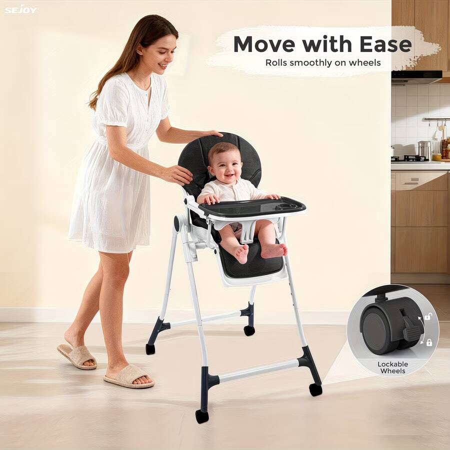 Sejoy Baby High Chair For Babies & Toddlers With 4 Wheels, For 6 Months-3 Years, Up To 110 Lbs/50kg, Removable Tablet, Adjustable Backrest Footrest Tablet Positions Seat Heights, Stand-Alone - 黑色 - 查看 1