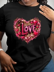 Sparkling Heart With The Word Love Surrounded By Golden Sparkles And Pink Hearts Symbolizing Passion, Joy And Positive Energy. Modern Casual Women's T-Shirt - 黑色 - 查看 1
