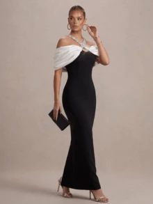 Đầm maxi dự tiệc/đám cưới màu đen, chất liệu vải dệt kim, lệch vai, đính đá lấp lánh, ôm sát người. - Đen và trắng - Xem 1