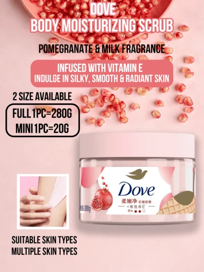  Dove Body Nourishing Scrub (280g Large Bottle, 20g Sample) - Pomegranate & Milk Fragrance, Silky Smooth Brightening Body Scrub With Niacinamide, Ice Cream Texture, Suitable For All Skin Types, Moisturizes Dry Rough Skin, Long-Lasting Fragrance, Non-Greasy Quick Absorbing, Daily Care, Self-Care Gift, Travel Size, Vegan Friendly