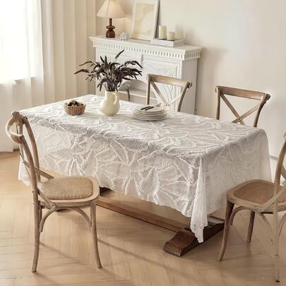 1pc Lace Hollow Floral Tablecloth, White Leaf Ambiance, Sideboard Cover, Outdoor Wedding Dust-Proof Dining Tablecloth, Wavy Lace Edge