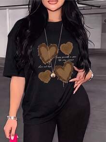Brown Hearts With Irregular Edges Symbolizing Love, Hope, And Happy Moments, Conveying Warmth And Positive Energy. Comfortable Casual Women's T-Shirt For Everyday Wear. - 黑色 - 查看 1