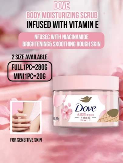  Tẩy da chết toàn thân Dove (Chai lớn 280g, Mẫu thử 20g) - Hương hoa anh đào và sữa ngọt ngào, Tẩy da chết toàn thân làm sáng da, mềm mịn với Vitamin B3, Kết cấu kem mát lạnh, Phù hợp với mọi loại da, Dưỡng ẩm cho da khô ráp, Hương thơm lâu dài, Không nhờn rít, Thấm nhanh, Sử dụng hàng ngày trong quy trình chăm sóc da.