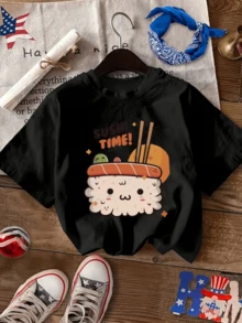 Cute Sushi With A Happy Face Holding Chopsticks Represents Curious Joy And A Love For Japanese Food With A Fun And Youthful Touch That Conveys Positive Energy And Freshness. A Comfortable And Modern Casual Women's T-Shirt - 黑色 - 查看 8
