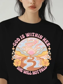 Sunset With Luminous Paths And Flowers Symbolizing Inner Strength, Hope, Faith, And Positive Energy To Overcome Challenges. Casual, Comfortable, And Modern Women's T-Shirt. - 黑色 - 查看 6