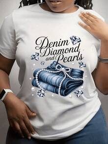 Sparkling Diamonds And Pearls On Denim Fabric Symbolize Luxury, Elegance, And Feminine Strength With A Modern And Sophisticated Touch. This Comfortable And Attractive Casual Women's T-Shirt Is Perfect For Everyday Wear. - 白色 - 查看 8