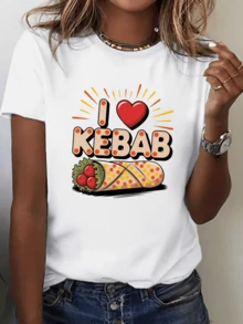 Bright Heart Expressing Love For Fast Food Kebab With Cheerful Colors, Juicy Tomatoes And Positive Energy. Women's Casual Modern Comfortable T-Shirt For Everyday Wear - 白色 - 查看 6
