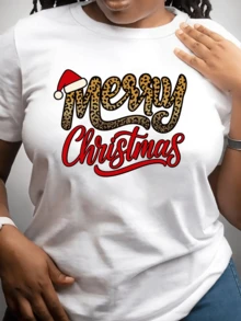 Festive Christmas Message With Animal-Themed Printed Lettering And Santa Hat Details Symbolizing Joy And Positive Energy To Celebrate The Spirit Of The Season. Comfortable Casual Women's T-Shirt For Parties And Gatherings - 白色 - 查看 6