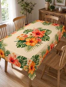 1pc Tropical Hibiscus Orange Floral Print Tablecloth, Beige Background With Citrus Green Leaf Pattern, Vintage Country Style, Outdoor Summer Party Decor, Stain-Resistant And Easy To Clean, Camping Picnic Essential - Multicolor - View 2