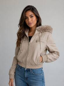 Faux Leather Jacket With Lined Cap - Beige - View 3