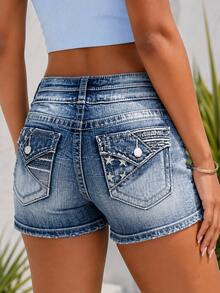 Women's Boho Washed Denim Short Shorts With Star Details And Button Closure Slight Stretch - 藍色 - 查看 3