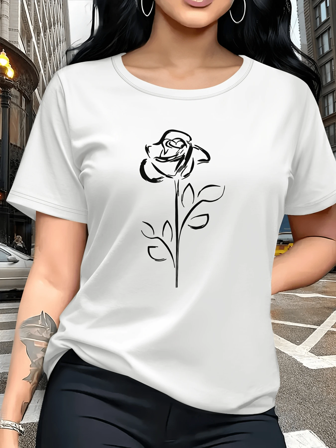A Rose Drawn With White Lines Symbolizes Inner Beauty, Feminine Strength, And Elegance That Blossoms With Confidence And A Positive Attitude. A Modern Women's T-Shirt For Everyday And Casual Wear. - 白色 - 查看 1