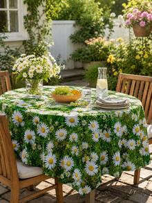 1pc Polyester Tablecloth, Daisy & Grass Printed Table Runner, Wrinkle-Resistant Waterproof Table Cover, Suitable For Restaurant, Kitchen, Home Decor, Bedroom, Garden, Wedding, Party, Indoor & Outdoor Use, All Seasons - Green - View 9