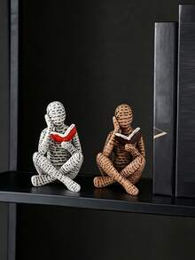 2件裝閱讀女性雕像,家居裝飾藝術思考者雕像,節日桌面配件,家居時尚藝術禮品,時尚房間美學3D裝飾配件 - 戴帽子白讀書人 - 查看 4