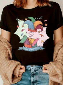 Sombrero colorido que salta desde una caja de sorpresa con confeti estrellas y mensaje festivo simbolizando alegría humor y espíritu juvenil camiseta de mujer casual divertida para uso diario - Negro - Ver 6