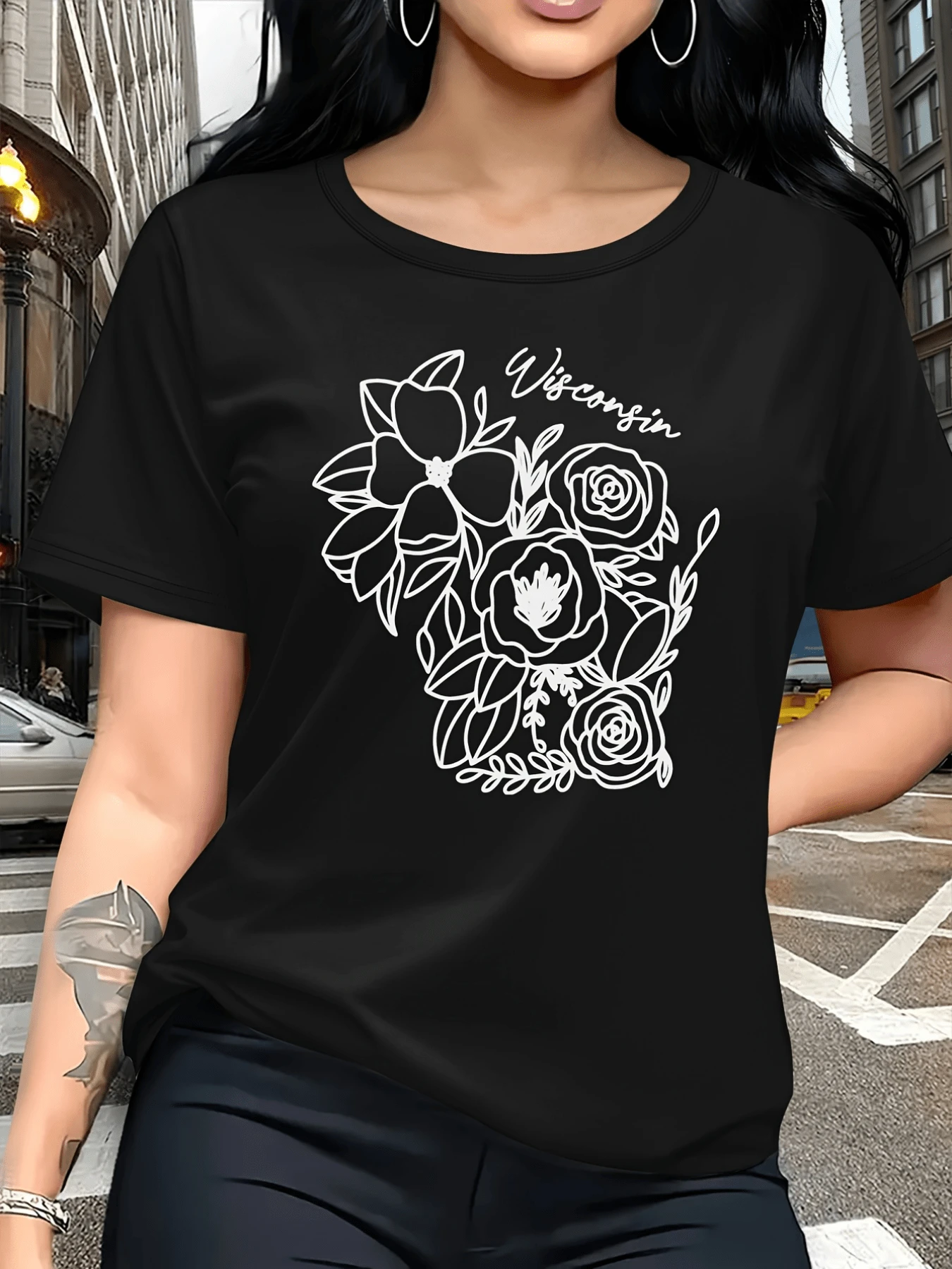 Flores entrelazadas que simbolizan la conexión con la naturaleza y la serenidad del alma femenina con líneas suaves y palabra evocando libertad y calma camiseta de mujer casual moderna cómoda para diario - Negro - Ver 1