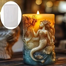 美人鱼浮雕圆柱蜡烛硅胶模具，美人鱼在海中游泳圆柱树脂硅胶模具，海草美人鱼浮雕圆柱石膏模具，工艺模具 - 圓柱 - 查看 3