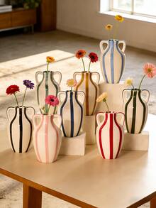 Cabin Kangaroo 1pc Colorful Striped Ceramic Vase With Handles, Hand-Painted Double-Ear Flower Vase, Modern Home Decor Vase Suitable For Living Room, Bedroom, Entrance, Office Desk, Centerpiece, Gift - Multicolor - View 2