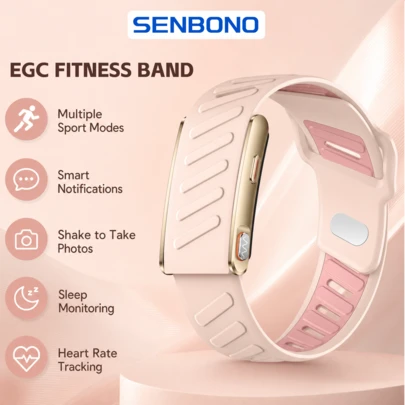  SENBONO Screenless ECG Smart Bracelet - Smart Fitness Tracker For Women, Slim Fashionable Health Band With Heart Rate & Sleep Monitor, Multi-Sport Modes, Message Notifications, Remote Camera, Waterproof Activity Tracker, Pink