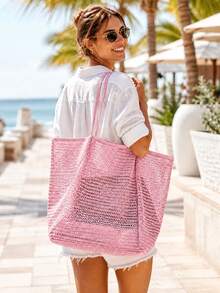 peach tree Bolso de malla plegable, bolso de mano casual para mujer, bolso de hombro plegable para picnic, impermeable, bolso de compras multifuncional de hombro, bolso de malla hueco, bolso de almacenamiento de baño, bolso de playa de malla grande y ligero, adecuado para viajes familiares, vacaciones, playa, camping y senderismo, bolso de vacaciones de verano - Rosa - Ver 1