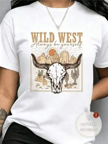 Bull Skull Against The Desert Sun With Mountains And Cacti Evoking The Freedom Of The West And Inner Strength. Comfortable Casual Women's T-Shirt Perfect For Expressing Your Own Style. - 白色 - 查看 8