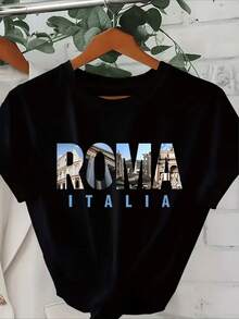 Letters Spelling Out The Word Rome With Images Of Classical Italian Architecture Evoking The History And Eternal Beauty Of Italy. Women's Casual, Modern, Comfortable T-Shirt For Everyday Wear. - 黑色 - 查看 1