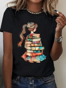 A Girl With Her Hair Up Holds Colorful Books, Symbolizing A Love Of Reading And The Constant Pursuit Of Knowledge. This Modern, Casual Women's T-Shirt Is Ideal For Those Who Enjoy Literary Creativity. - 黑色 - 查看 1