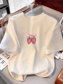 Pink Strawberries With A Ribbon Symbolize Tenderness, Sweetness, And Summer Freshness, Adding A Charming, Innocent, And Feminine Touch To This Casual And Comfortable Women's T-Shirt, Perfect For Everyday Wear. - Putih - View 1