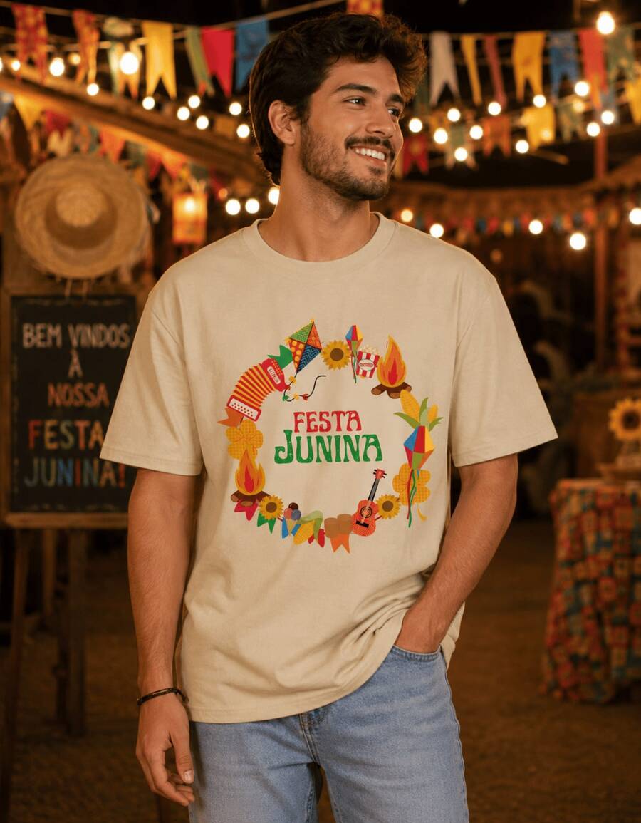 June Festival T-Shirt, São João Country Style, Country Look, 100% Cotton - Khaki - View 1