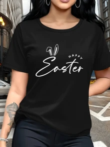Conejo con orejas divertidas que simbolizan la alegría de la Pascua y transmiten un mensaje de felicidad y esperanza para celebrar momentos llenos de color camiseta de mujer casual moderna cómoda para uso diario - Negro - Ver 6