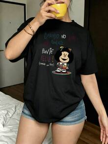 Female Character Figure Expressing Joy And Optimism With A Colorful Message That Invites You To Smile In Any Situation, Showing A Positive Attitude. Comfortable Casual Women's T-Shirt For Everyday Wear. - 黑色 - 查看 1